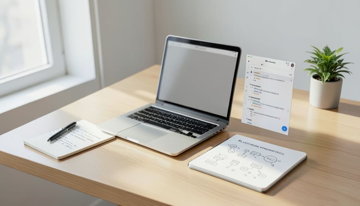 A laptop beside connected request and response panels on a clean desk