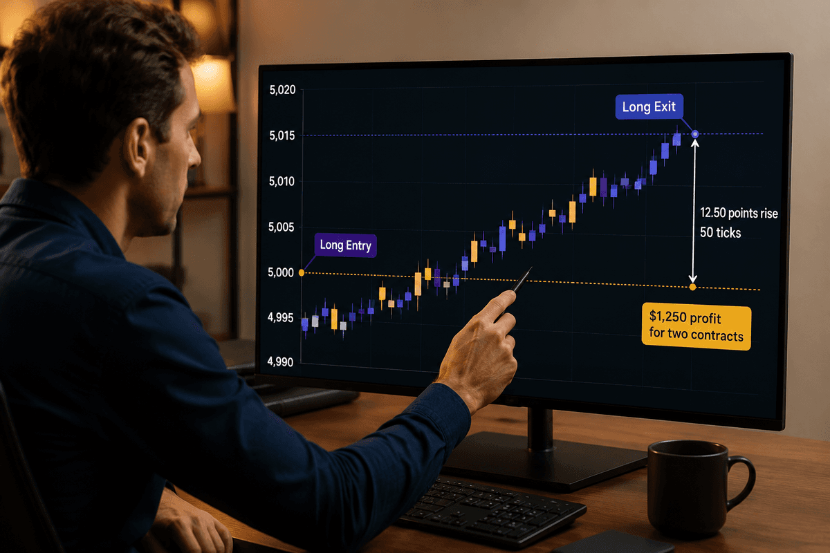 Candlestick price chart with the vertical axis from 4,990 to 5,020 and the horizontal axis showing time, marking a long entry at 5,000, an exit at 5,012.50, the 12.50-point rise, 50 ticks, and a $1,250 profit for two contracts