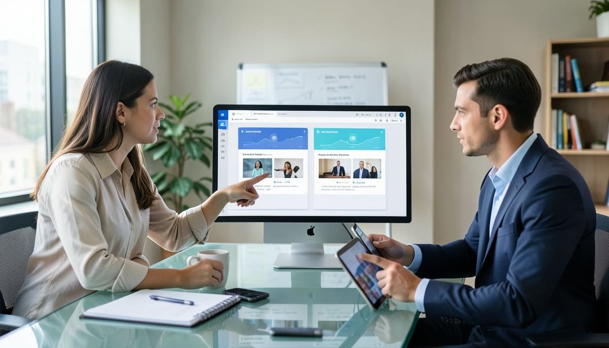 A split-screen campaign dashboard showing two evenly sized ad groups connected to separate creative previews