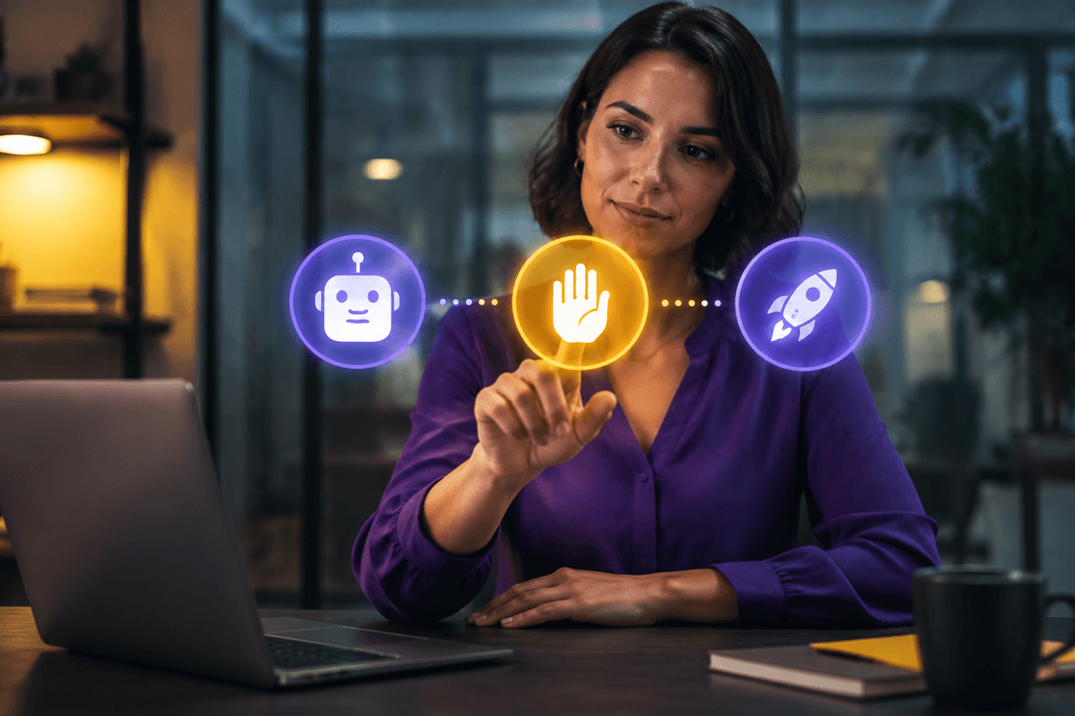 A human approval hand icon placed between an AI agent and a launch button