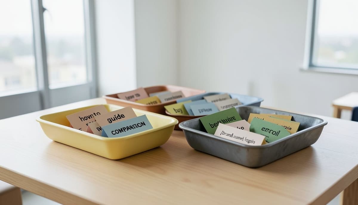 Cuatro bandejas de colores sobre una mesa que agrupan tarjetas de palabras clave según la intención de aprendizaje, comparación, compra y navegación