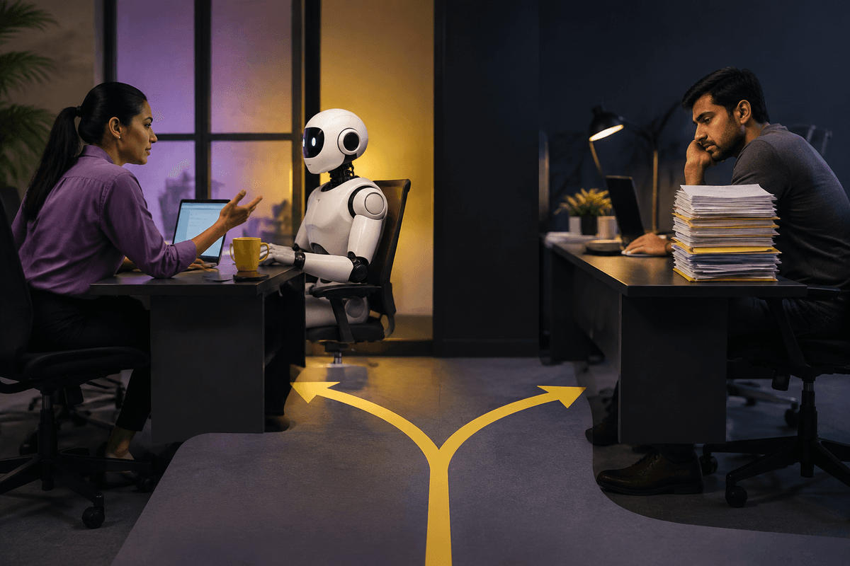 A split path icon showing one worker supervising an AI agent while another remains beside a shrinking task stack
