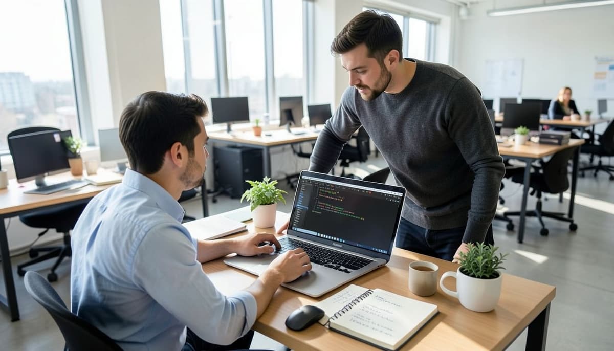 A developer setting up a local project with a terminal, package manager, and browser preview visible on one desk