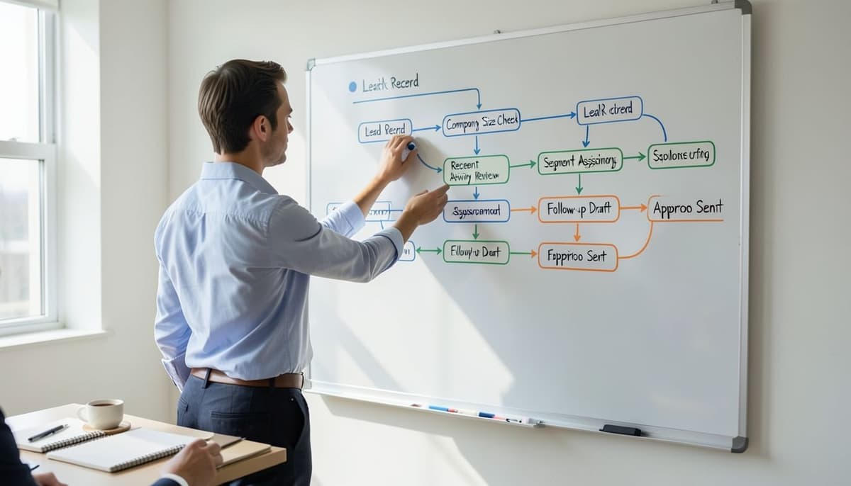 Un pizarrón que muestra un flujo de trabajo de marketing desde datos de leads hasta una acción de campaña aprobada