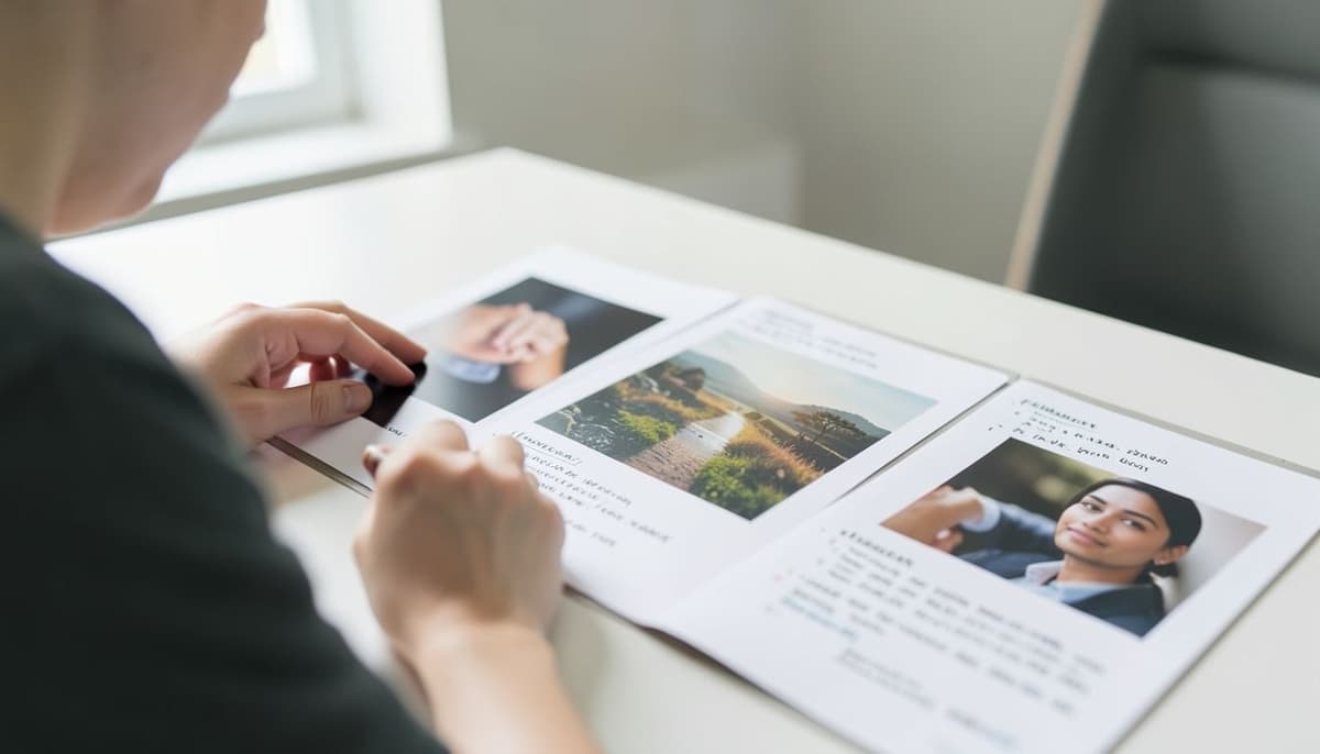 Trois images de référence disposées à côté d'une feuille d'analyse visuelle montrant des notes sur l'éclairage, le cadrage, la texture et la couleur