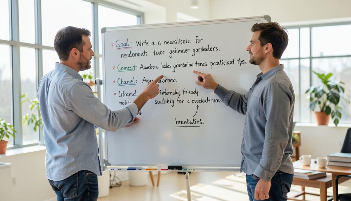 Two colleagues at a whiteboard mapping a goal, an audience and a channel