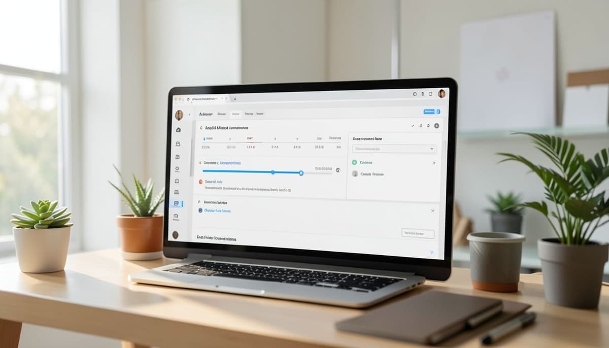 Un éditeur de tableau de bord affichant des contrôles de date, des filtres de canal et un champ de taux de conversion calculé