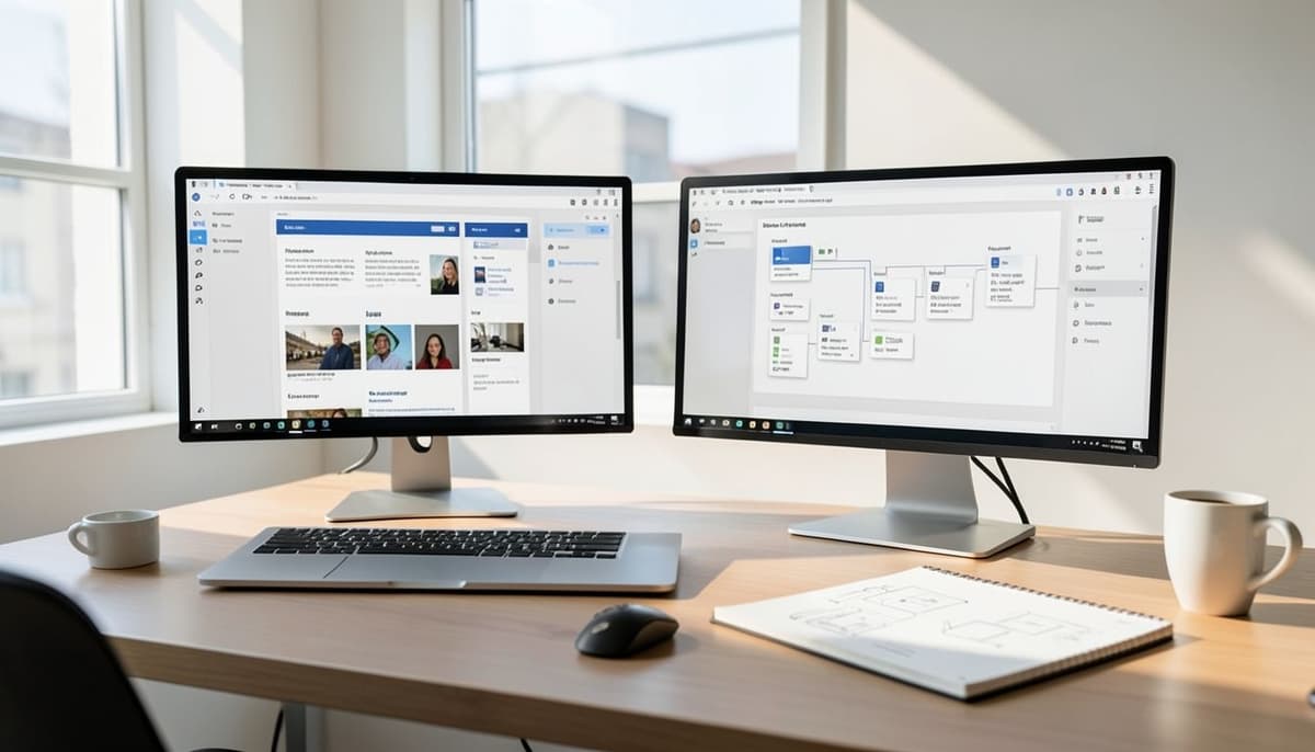 Two developers mapping a page wireframe to a Next.js component tree on dual monitors