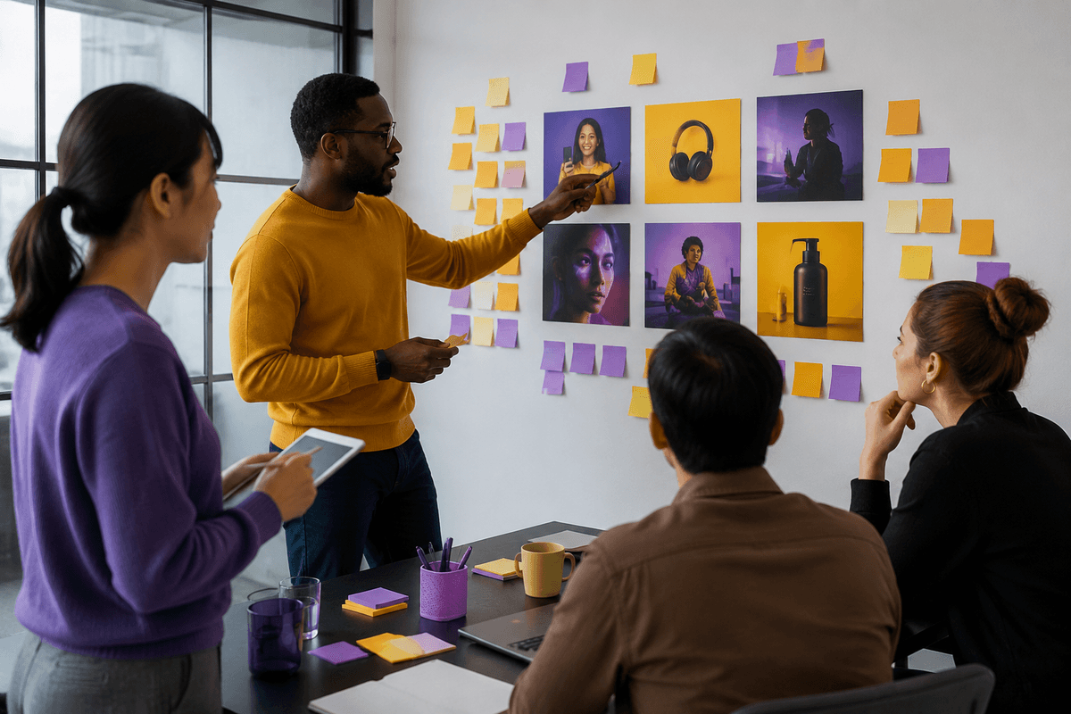 Un flujo de publicidad de cuatro etapas etiquetado Estrategia, Creación, Revisión y Revisión, mostrando las tareas de los agentes recomendadas bajo cada etapa y puertas de aprobación humana tras la estrategia, la revisión de alto riesgo y el lanzamiento final.