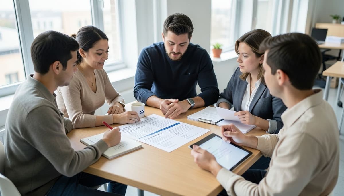 A small group of applicants reviewing a clean one-page technical resume for formatting, clarity, and accurate terminology