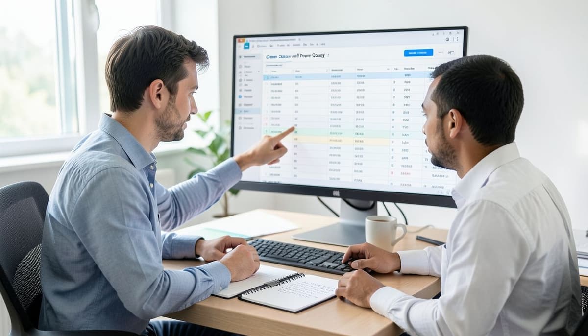 Two analysts reviewing a clean table preview beside a transformation steps panel on a large monitor