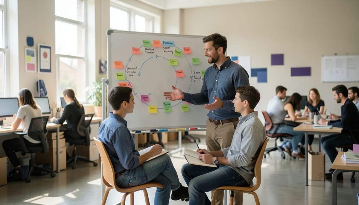 A circular Scrum learning loop showing Product Backlog, Sprint Planning, Sprint execution with Daily Scrum, usable Increment, Sprint Review, Sprint Retrospective, and adaptation flowing into the next Sprint
