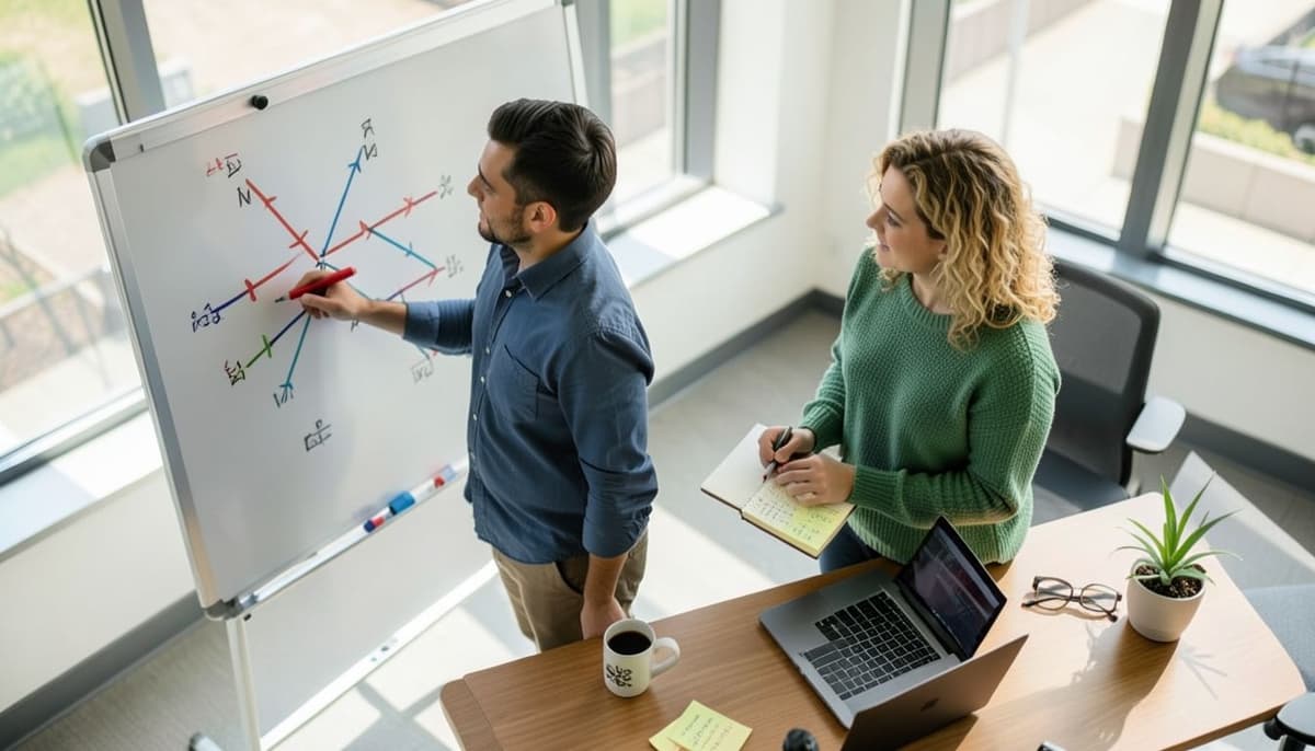Two developers resolve a colored branch intersection on a whiteboard with laptops nearby.