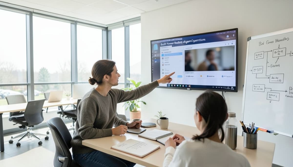 Un equipo de marketing se reunió alrededor de una pantalla de monitoreo que muestra tareas de agentes, aprobaciones y resultados de campañas