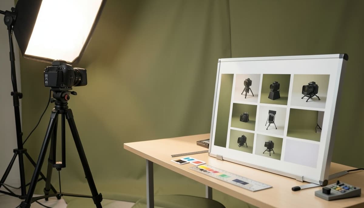 Une feuille de contact d'images de campagne coordonnées montrant le même produit, palette, direction de lumière et traitement de fond.