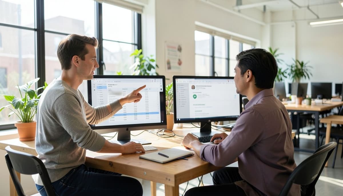 Two marketers comparing a query report with a website page on adjacent screens.