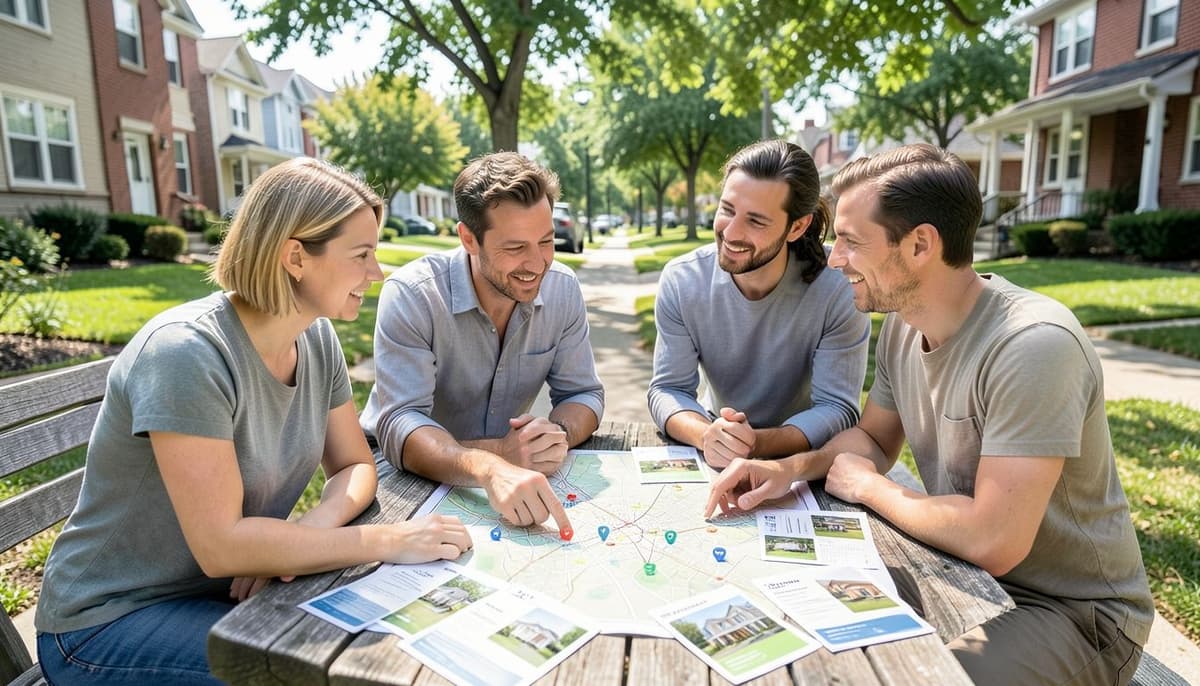 A small group examining a map and comparable property cards in one neighborhood