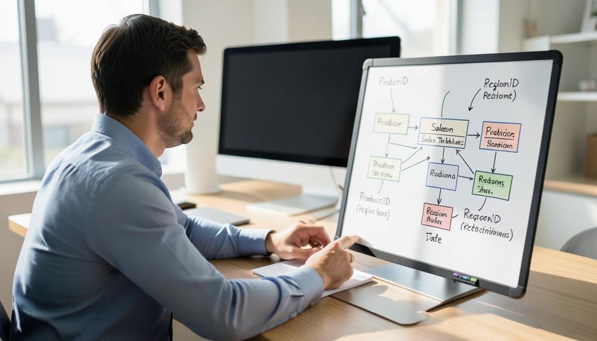 A clean data model diagram connecting a central sales table to separate date, product, and region tables