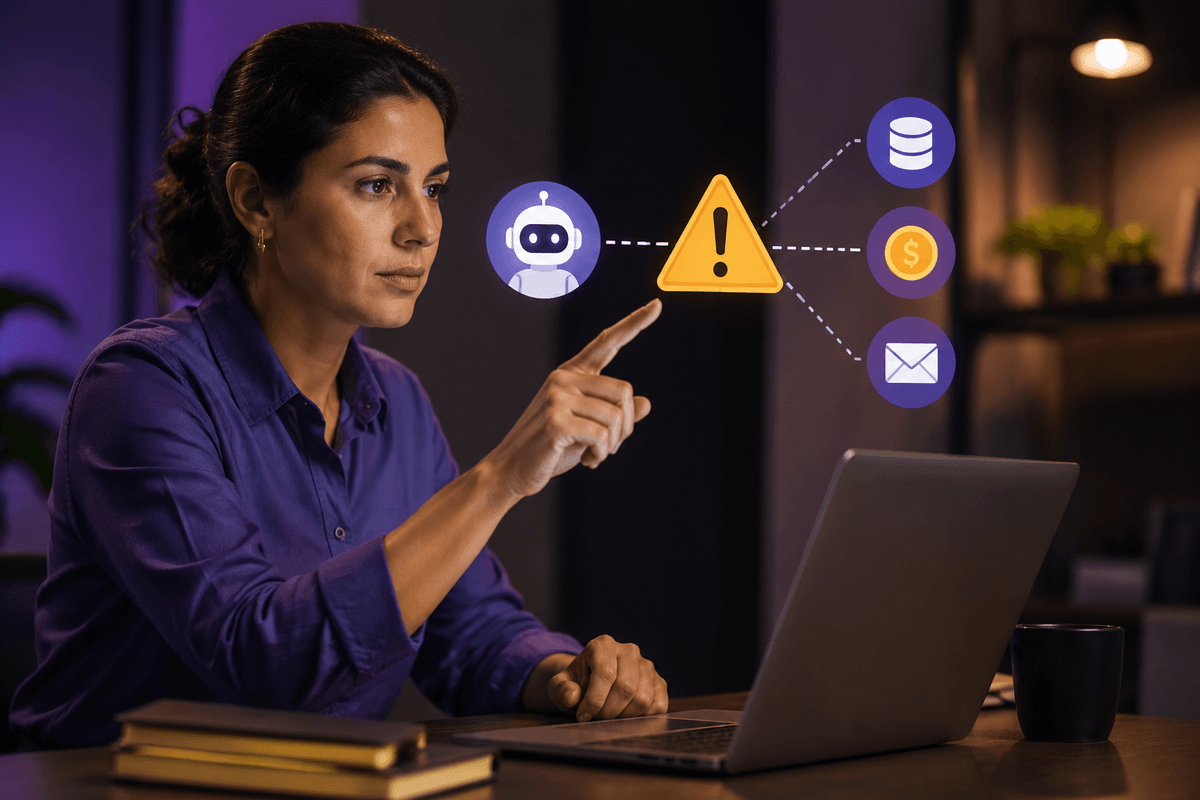 A warning triangle between an AI agent icon and icons for customer data, money, and email