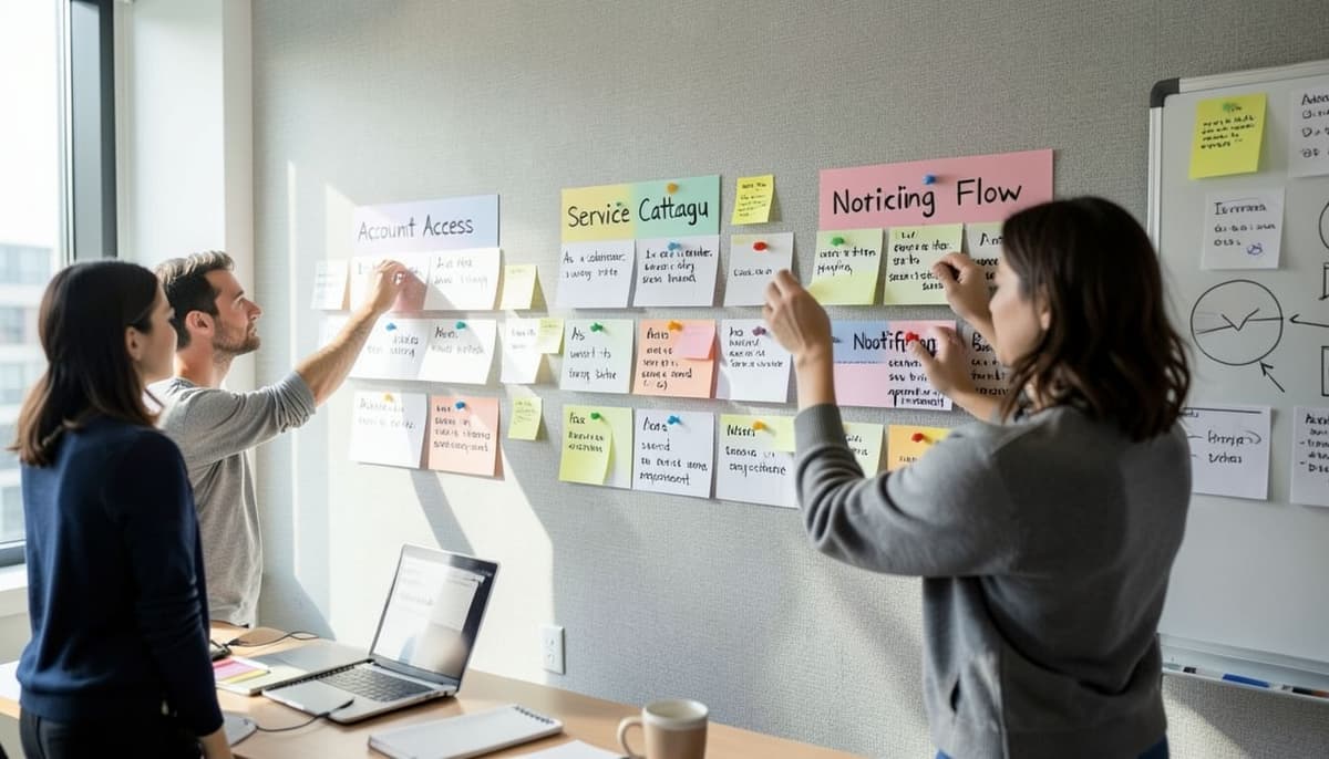 Dos compañeros de equipo organizando tarjetas de funcionalidades en tres grandes grupos sobre una pared