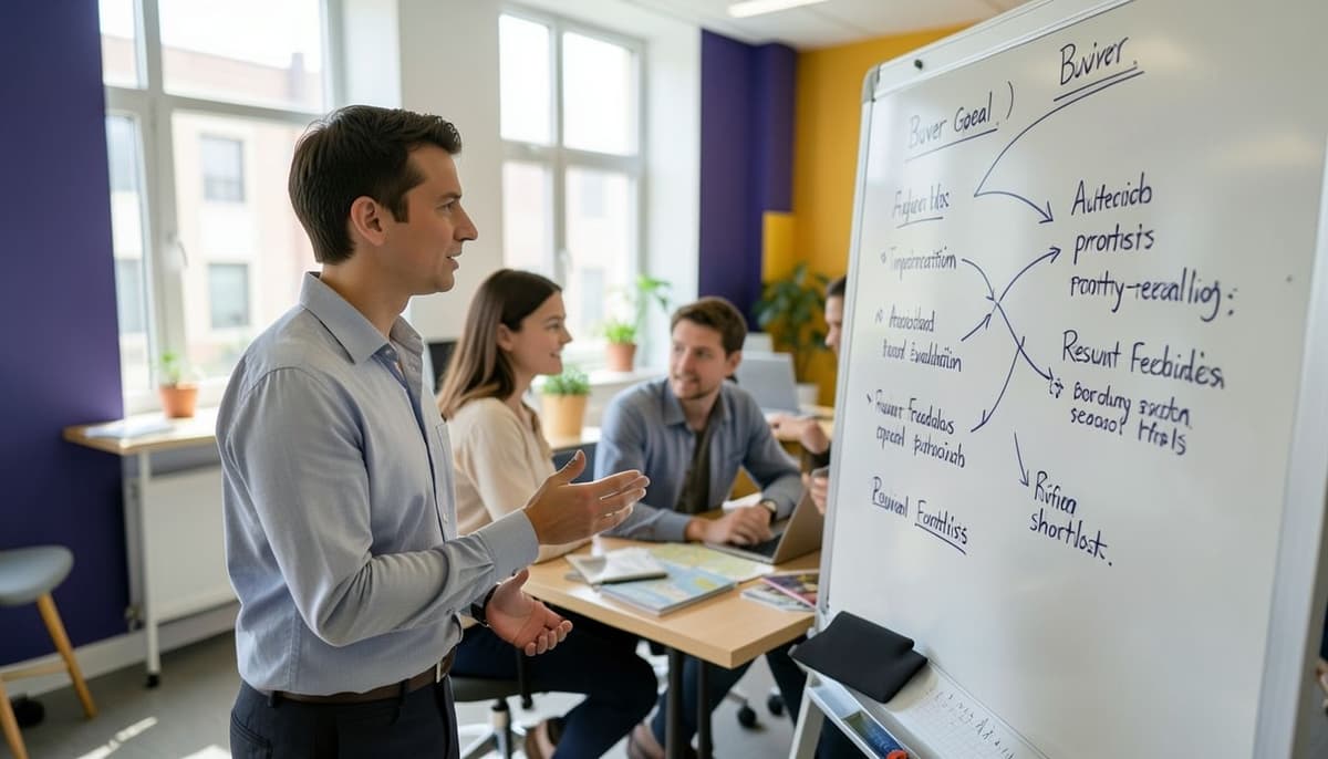 Show a cycle linking buyer goal, agent interpretation, authorized property-search tools, result evaluation, buyer feedback, and refined shortlist, with an approval checkpoint before external actions