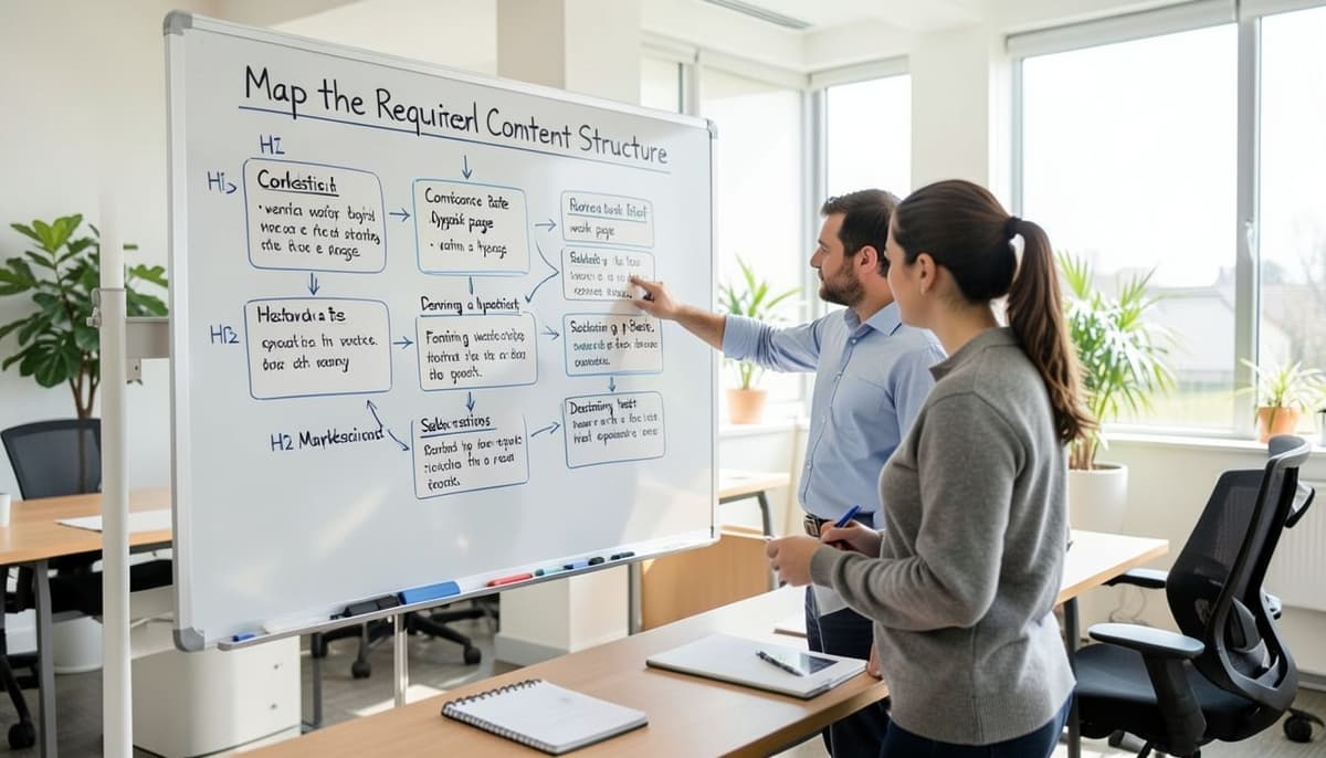 Un tableau blanc présentant le plan d’un article en sept parties, relié à un sujet central de marketing