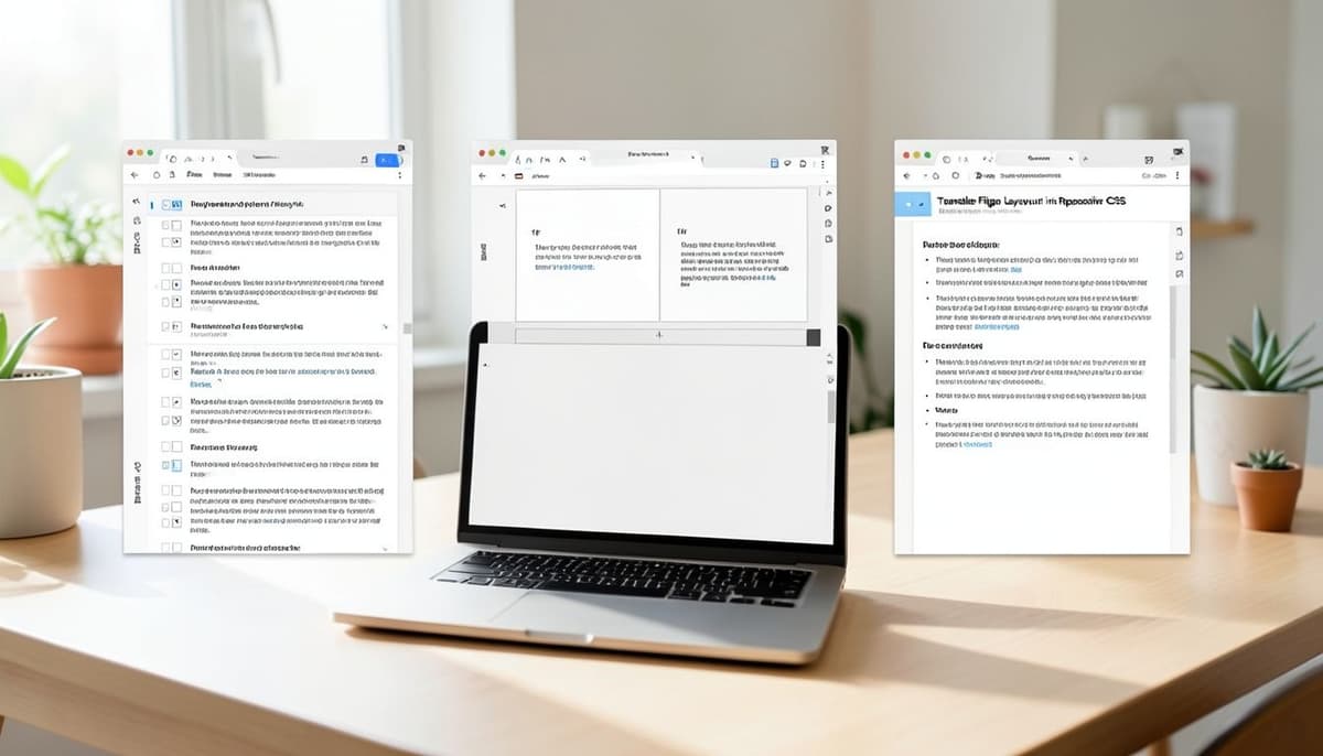 A responsive webpage wireframe changing from two columns to one column across three viewport widths