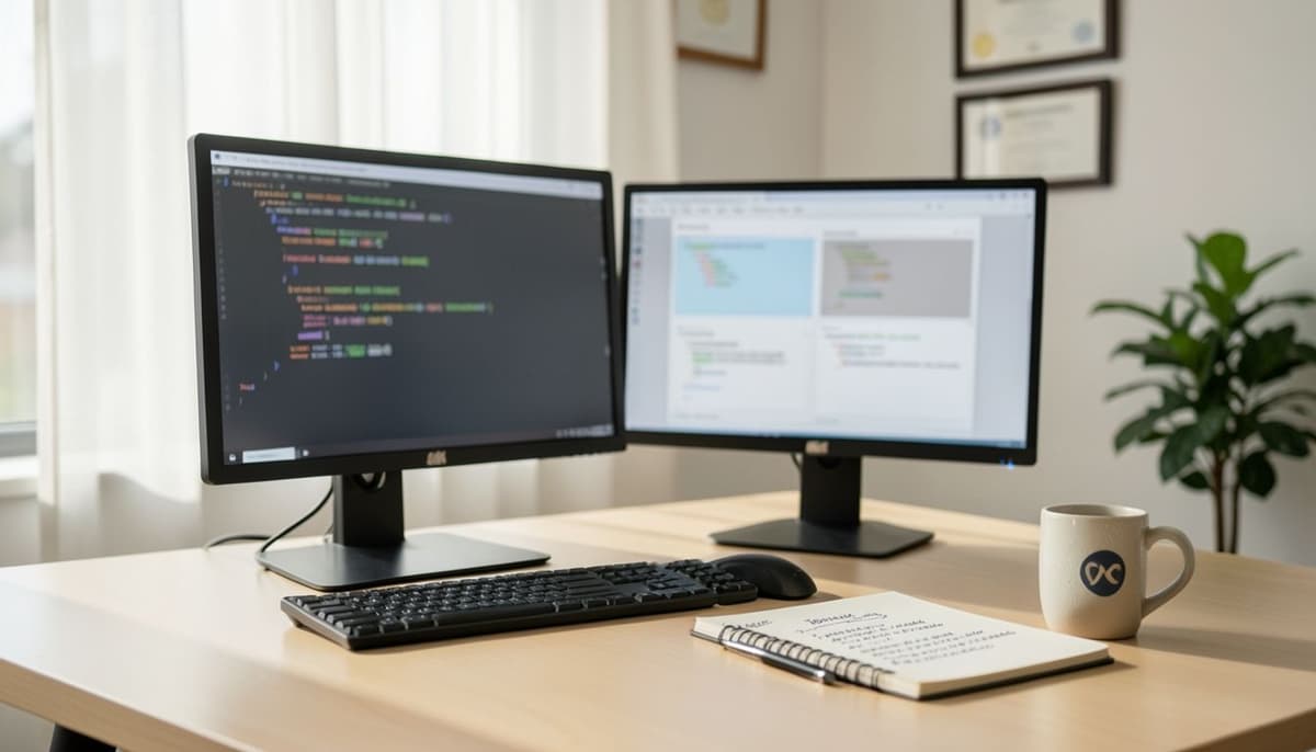 A developer reviewing a Node.js stack trace and a recent deployment comparison on two monitors